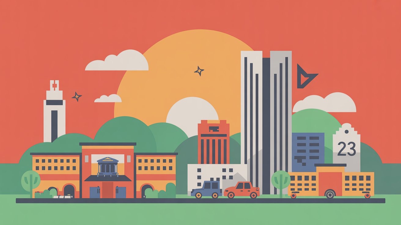 Illustrated skyline of downtown Tuscaloosa at sunset
