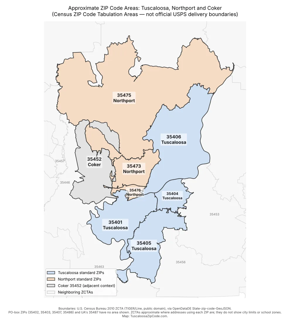 Map of approximate ZIP code areas for Tuscaloosa (35401, 35404, 35405, 35406), Northport (35473, 35475, 35476) and adjacent Coker (35452), based on Census ZCTA boundaries